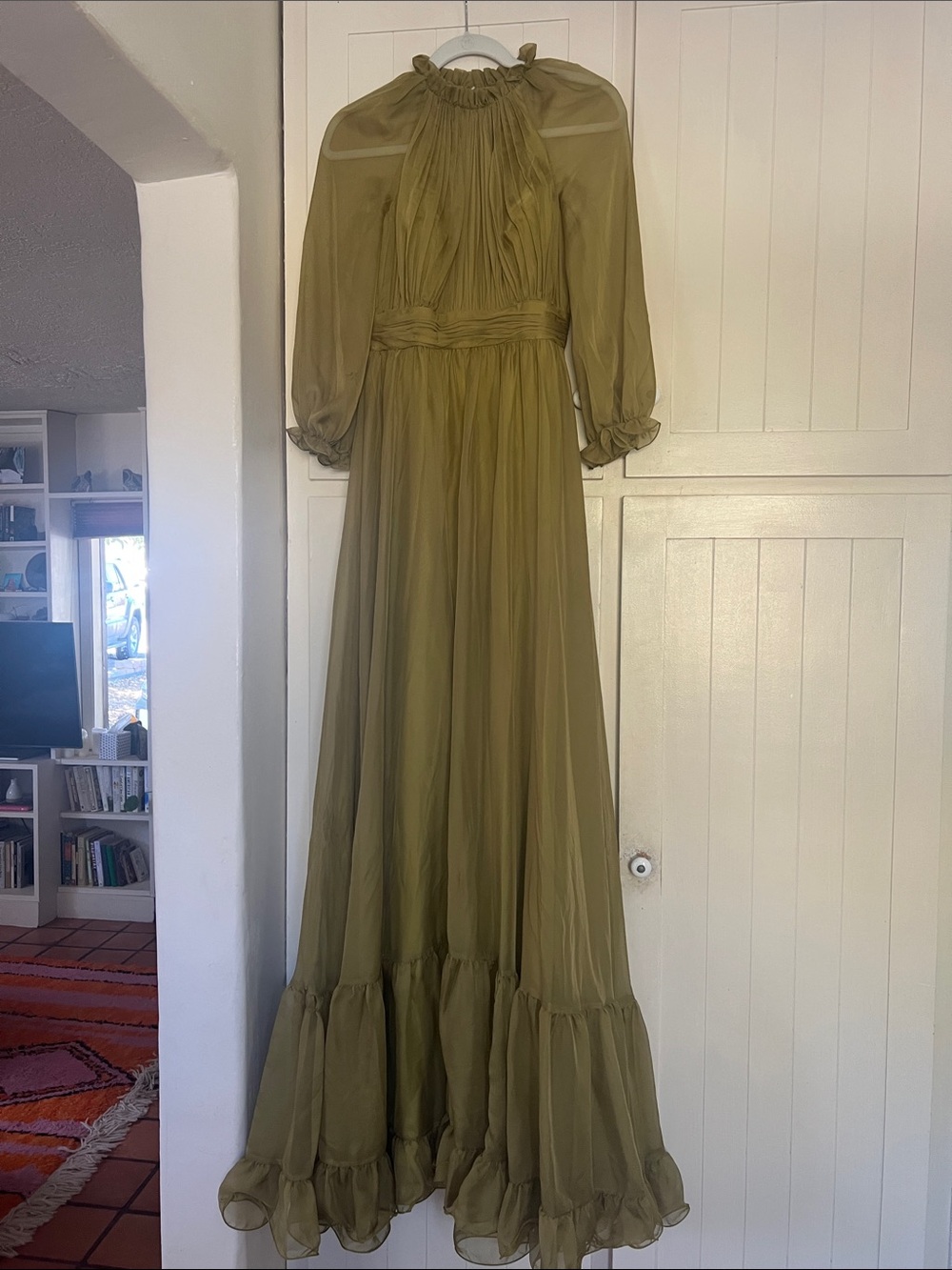Mac Duggal 68225 Olive Green Sheer Ruffle Maxi Dress